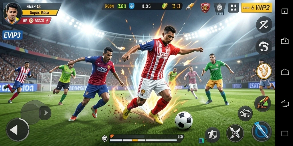 Screenshot gameplay EVIP3 menunjukkan aksi pertandingan sepak bola yang seru.