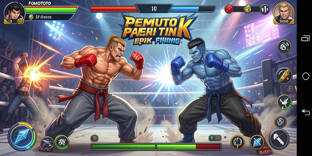 Tampilan pertarungan seru di FOMOTOTO dengan karakter unik.