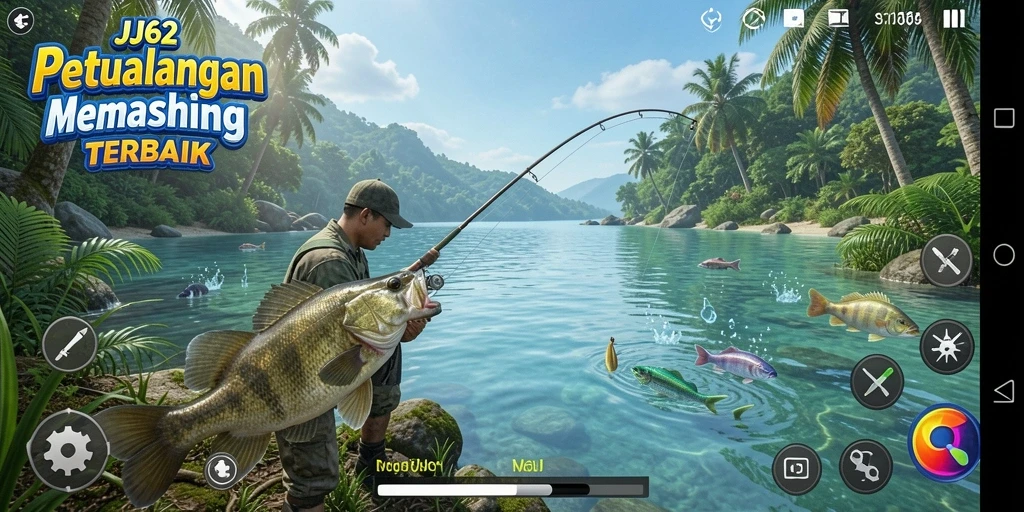Gameplay menarik dalam JJ62 saat memancing di danau yang indah.