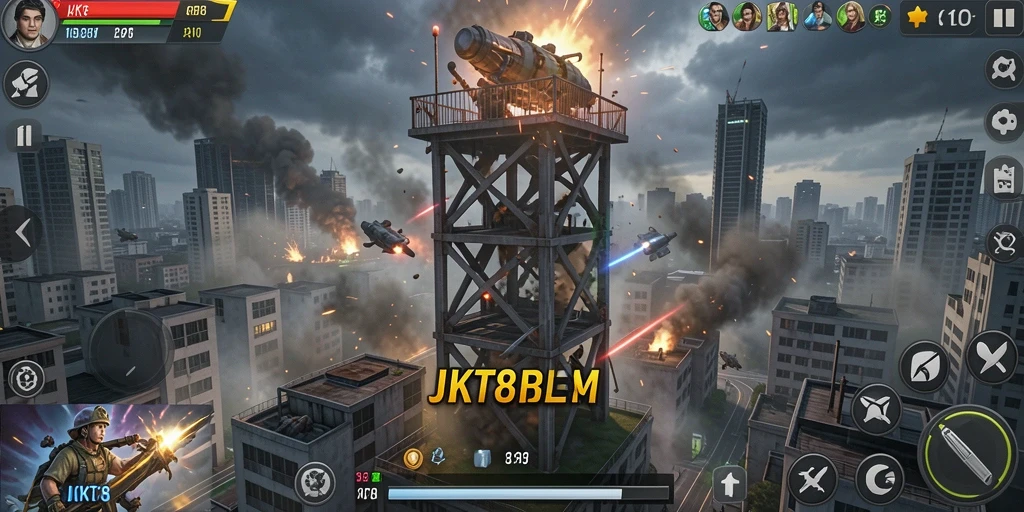 Tampilan gameplay JKT8 dengan menara dan musuh yang menantang.
