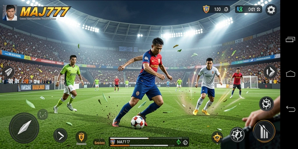 Tangkapan layar gameplay <strong>MAJ777</strong> menampilkan aksi mendebarkan di lapangan sepak bola.