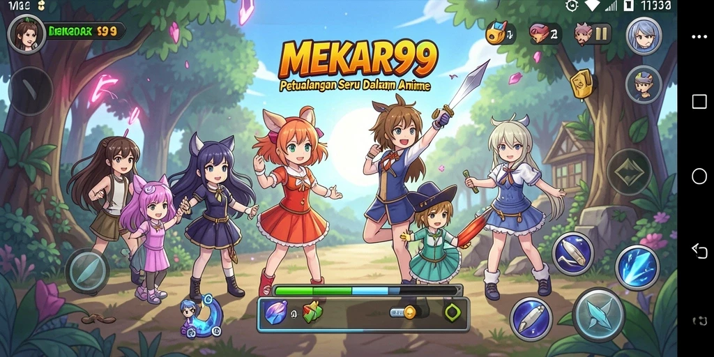 Tampilan gameplay <strong>MEKAR99</strong> yang menakjubkan dengan karakter anime yang beraksi.
