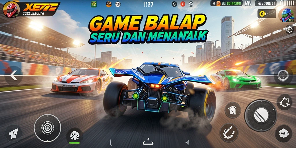 Tangkapan layar XE77 menampilkan balapan seru dengan grafis yang luar biasa.